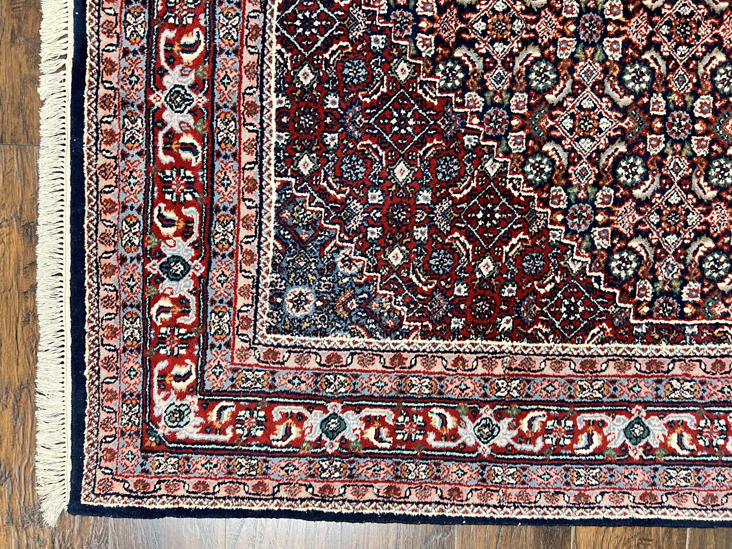 Indo Persian Rug 7x10, Dark Blue and Red Hand Knotted Wool Vintage Oriental Carpet 7 x 10 ft, Handmade Bidjar Rug, Herati Pattern Indian Rug - Nuvé
