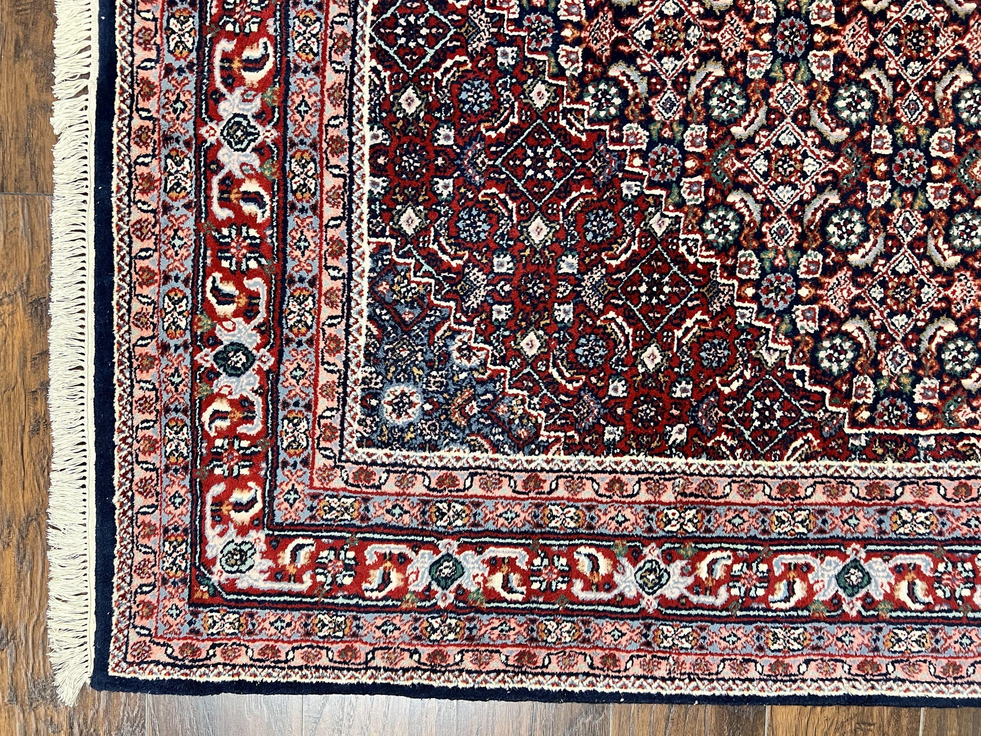 Indo Persian Rug 7x10, Dark Blue and Red Hand Knotted Wool Vintage Oriental Carpet 7 x 10 ft, Handmade Bidjar Rug, Herati Pattern Indian Rug - Nuvé
