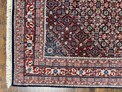 Indo Persian Rug 7x10, Dark Blue and Red Hand Knotted Wool Vintage Oriental Carpet 7 x 10 ft, Handmade Bidjar Rug, Herati Pattern Indian Rug - Nuvé