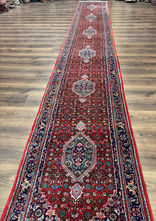 Indo Persian Bidjar Runner Rug 3 x 18.6, Red Navy Blue, Long Runner, Wool Oriental Carpet - Nuvé