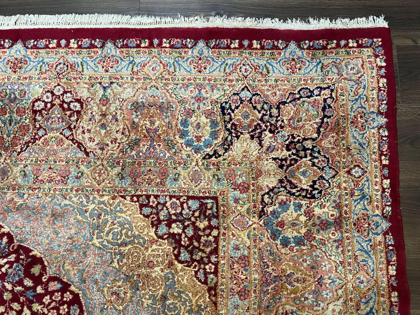 Persian Rug 9x12, Kirman DeLuxe, Millefleur Floral Medallion Carpet, Maroon Light Blue Beige, Semi Antique Authentic Hand Knotted Wool Rug - Nuvé