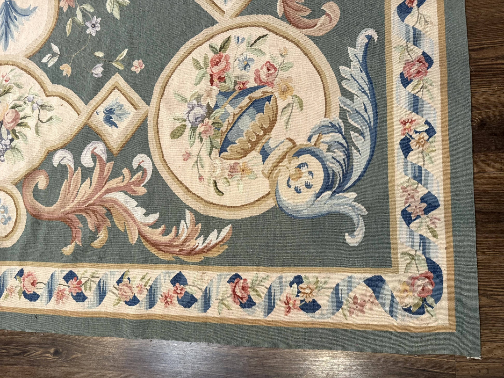 Aubusson Rug 9x12, Muted Sage Green and Cream, European Design - Nuvé
