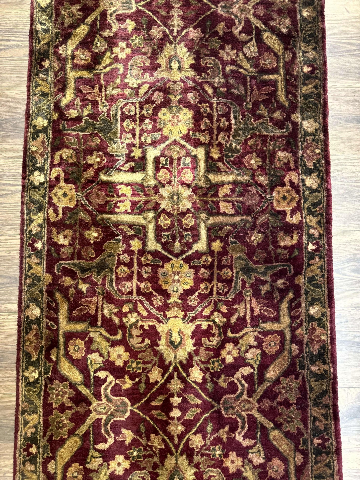 Indo Persian Runner Rug 2.7 x 13.8, Maroon, Wool, Handmade Indian Rug for Hallway - Nuvé