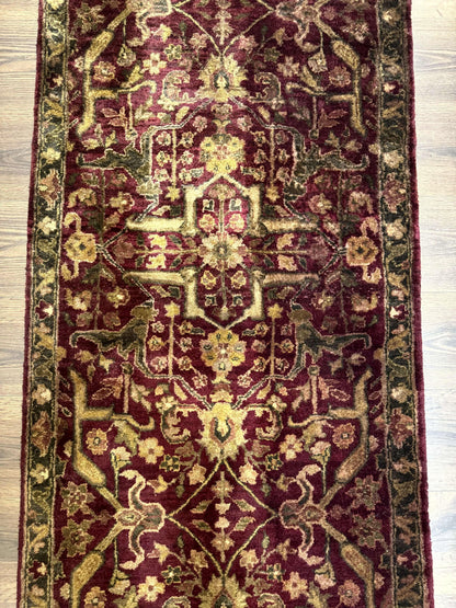 Indo Persian Runner Rug 2.7 x 13.8, Maroon, Wool, Handmade Indian Rug for Hallway - Nuvé