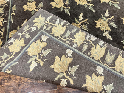 Tibetan Nepal Rug 6x9, Wool Hand Knotted Vintage Carpet 6 x 9, Dark Green & Golden Yellow, Floral Bouquets - Nuvé