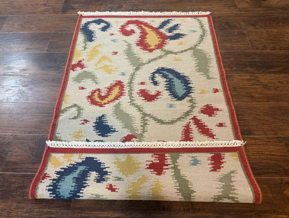 Indian Kilim Flatweave Rug 3x5, Abstract, Beige and Multicolor Flowers, Handmade - Nuvé