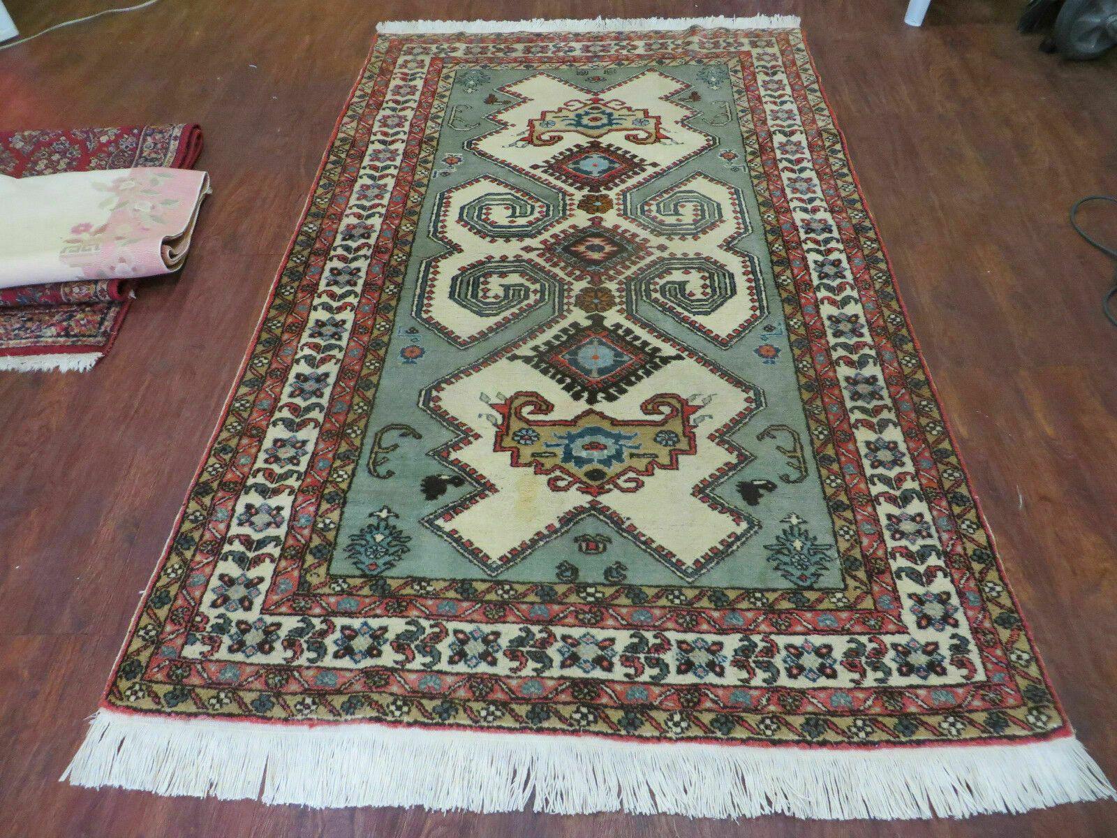 4' X 7' Vintage Handmade Knotted Rug India Caucasian Wool Soft Green Organic - Nuvé