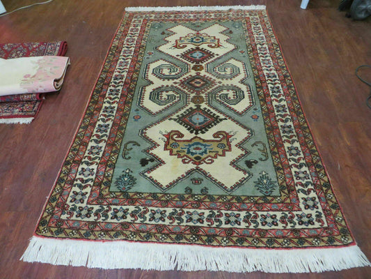 4' X 7' Vintage Handmade Knotted Rug India Caucasian Wool Soft Green Organic - Nuvé