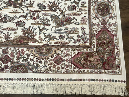 Turkish Silk Rug 5x8, Ivory, Hunting Design, Animal Pictorials, Bamboo Silk - Nuvé