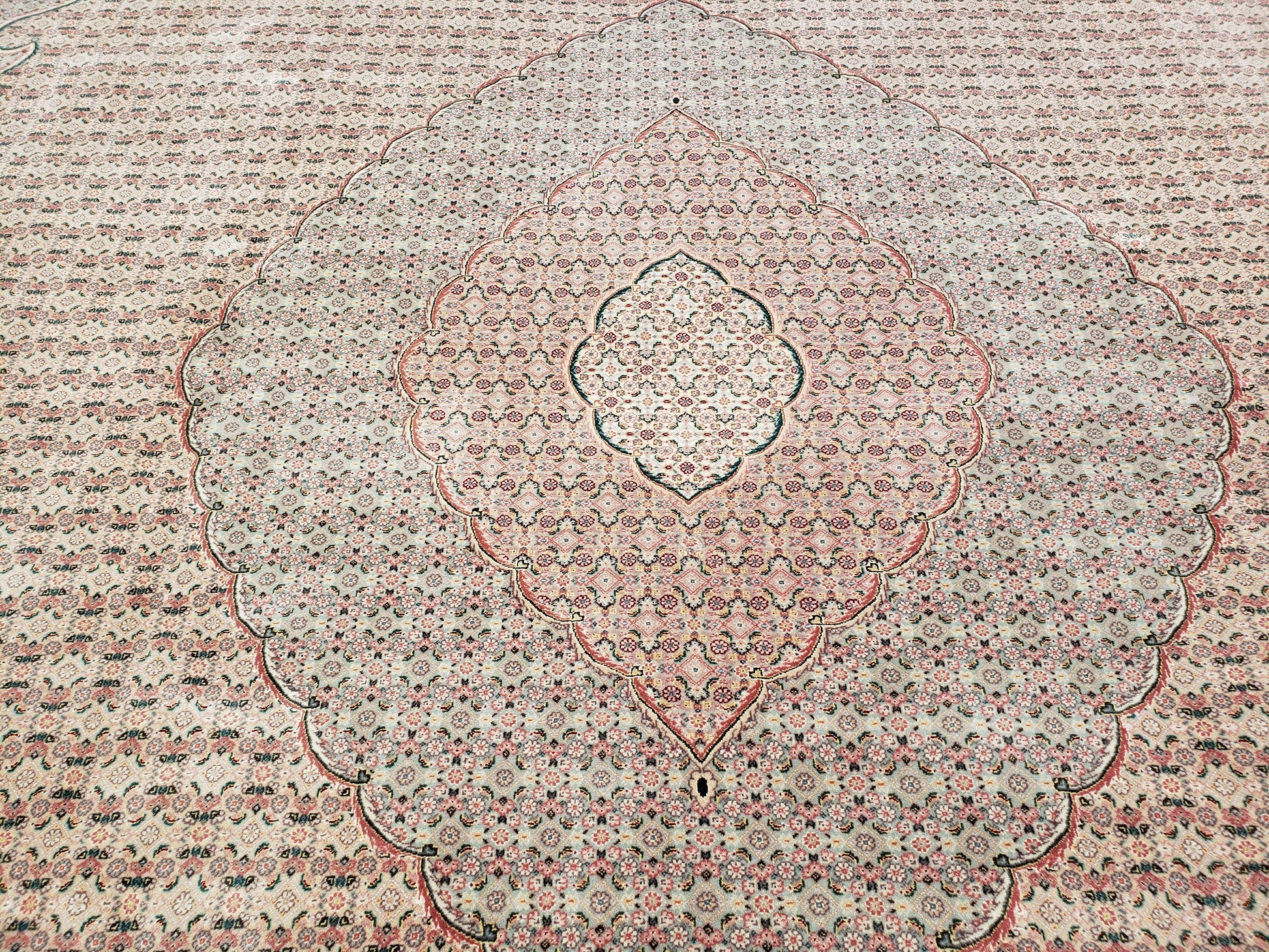 Stunning Oversized Sino Persian Oriental Rug 12x15, Hand Knotted Wool & Silk Palace Sized Carpet, Mahi Pattern, Very Fine, Peach Beige, Wow - Nuvé
