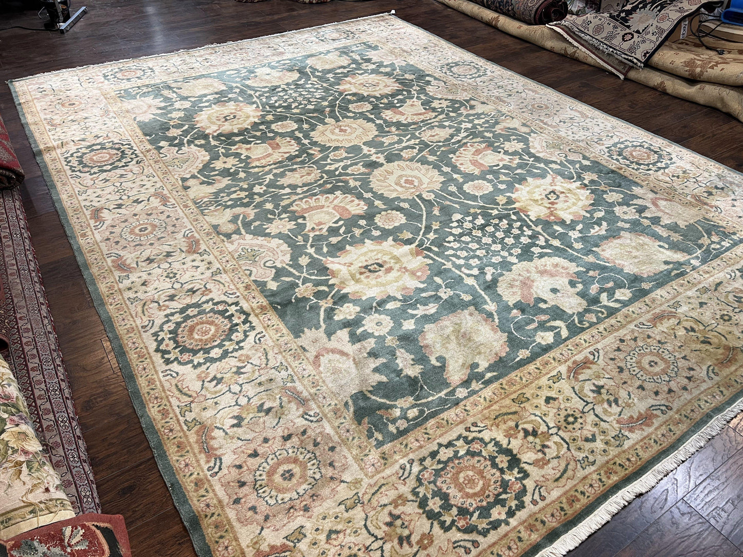 Egyptian Mahal Rug 10x14, Large Vintage Floral Hand Knotted Wool Carpet 10 x 14, Dark Green and Beige Traditional Handmade Persian Area Rug - Nuvé