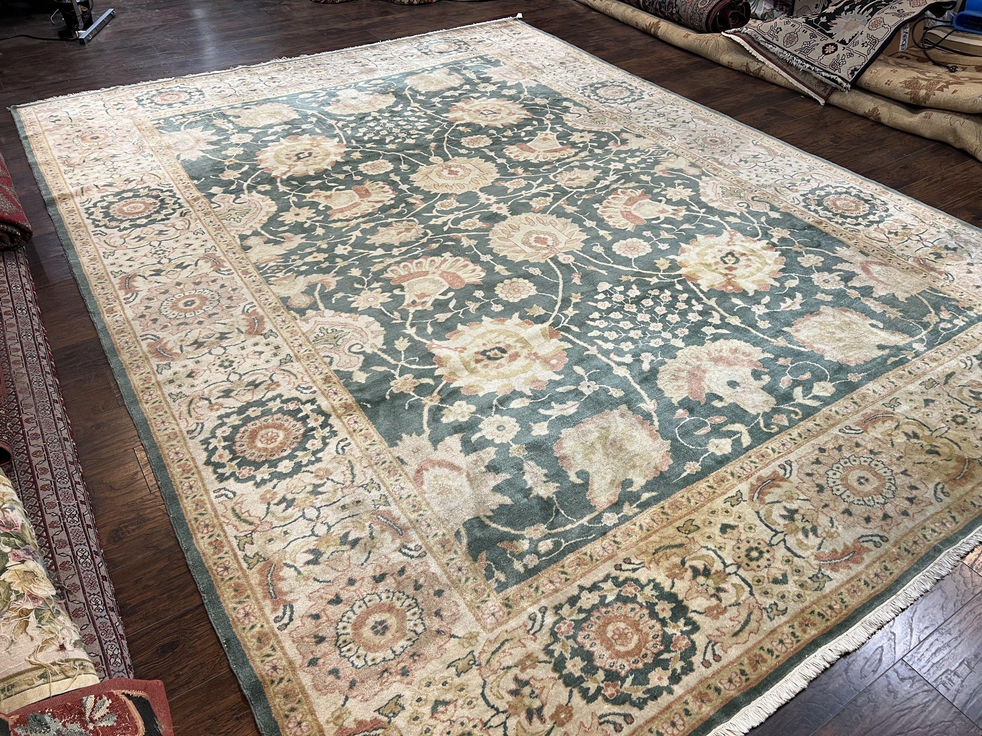 Egyptian Mahal Rug 10x14, Large Vintage Floral Hand Knotted Wool Carpet 10 x 14, Dark Green and Beige Traditional Handmade Persian Area Rug - Nuvé