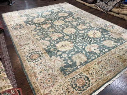 Egyptian Mahal Rug 10x14, Large Vintage Floral Hand Knotted Wool Carpet 10 x 14, Dark Green and Beige Traditional Handmade Persian Area Rug - Nuvé