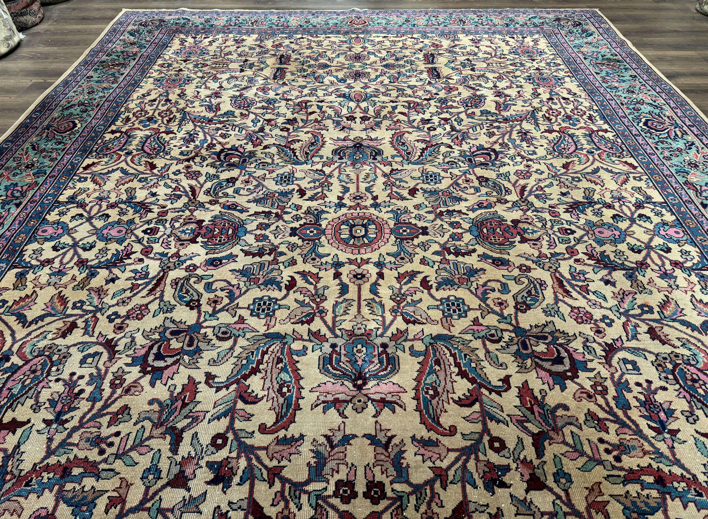 Antique Persian Rug 10x15, Camel and Cyan, Allover Pattern, Rare, Samarkand Rug - Nuvé
