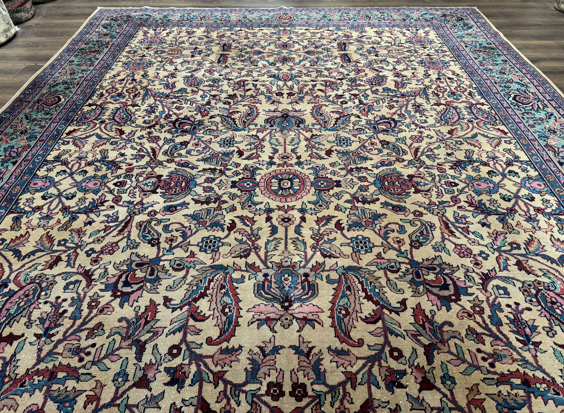 Antique Persian Rug 10x15, Camel and Cyan, Allover Pattern, Rare, Samarkand Rug - Nuvé