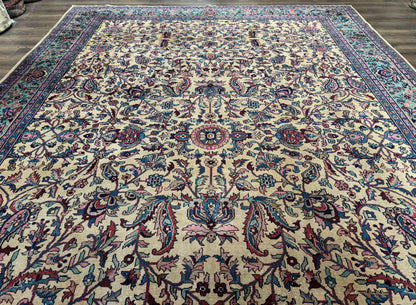 Antique Persian Rug 10x15, Camel and Cyan, Allover Pattern, Rare, Samarkand Rug - Nuvé