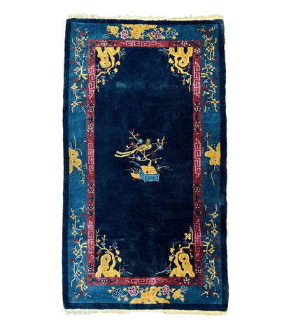 Antique Chinese Peking Rug 3x6, Dark Blue, Bird Motif, Handmade Wool Art Deco Asian Oriental Carpet, Pair B