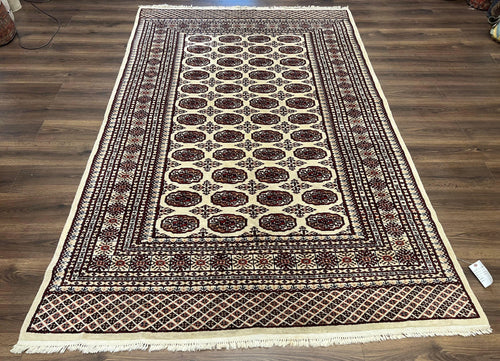 Pakistani Turkoman Rug 6x9, Cream and Red Hand Knotted Wool Oriental Carpet, Yamud Rug, Tribal Rug 6 x 9, Bohemian Area Rug, Bokhara Rug - Nuvé