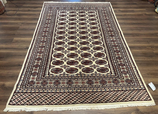 Pakistani Turkoman Rug 6x9, Cream and Red Hand Knotted Wool Oriental Carpet, Yamud Rug, Tribal Rug 6 x 9, Bohemian Area Rug, Bokhara Rug - Nuvé
