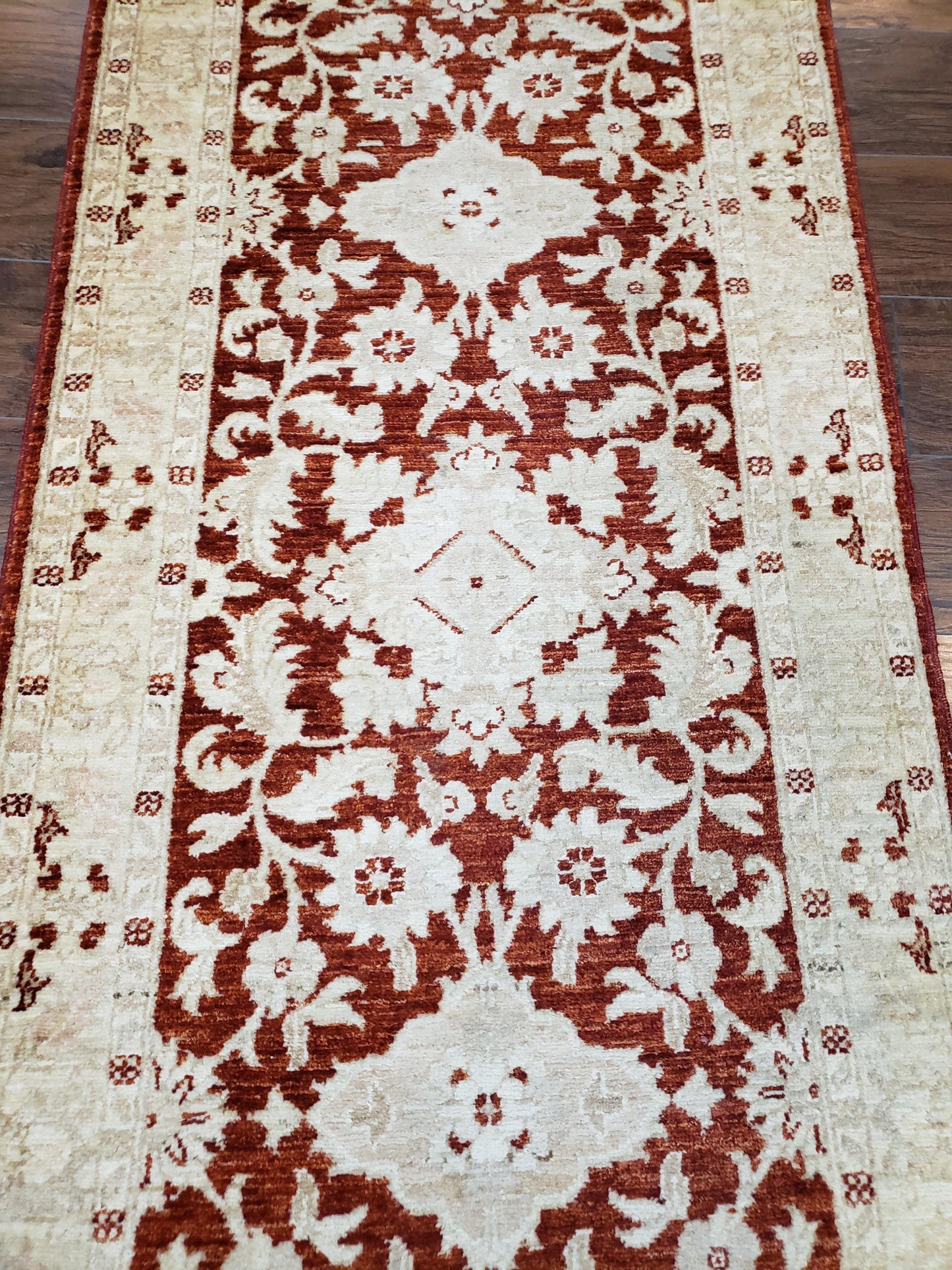 21 ft Runner Rug Long Hallway Runner, 3 x 21 Corridor Rug, Peshawar Pak Persian Chobi Agra Rug, Maroon and Beige Large Flowers Wool Handmade - Nuvé
