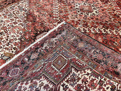 Large Persian Heriz Rug 10x13, Red and Cream Geometric Tribal Room Sized Handmade Wool Hand Knotted Semi Antique Decorative Oriental Carpet - Nuvé