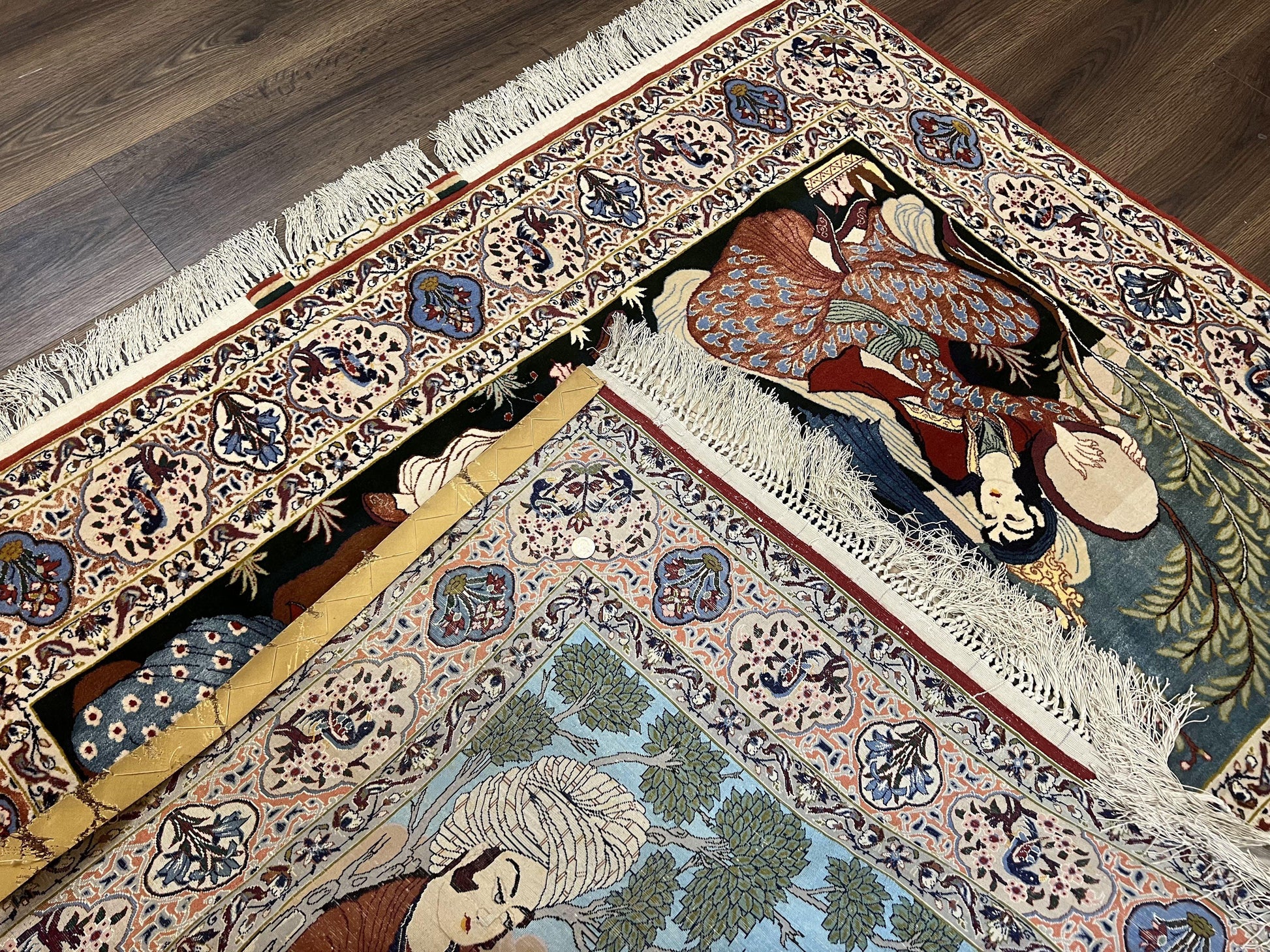 Persian Pictorial Rug 5 x 4 ft, Persian Isfahan Rug, Kork Wool on Silk Foundation, Signature from Master Weaver, Drums and Musical Instruments, Birds, Detailed - Nuvé