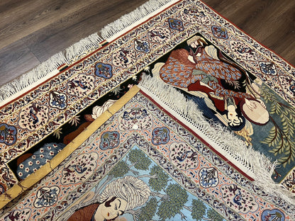 Persian Pictorial Rug 5 x 4 ft, Persian Isfahan Rug, Kork Wool on Silk Foundation, Signature from Master Weaver, Drums and Musical Instruments, Birds, Detailed - Nuvé