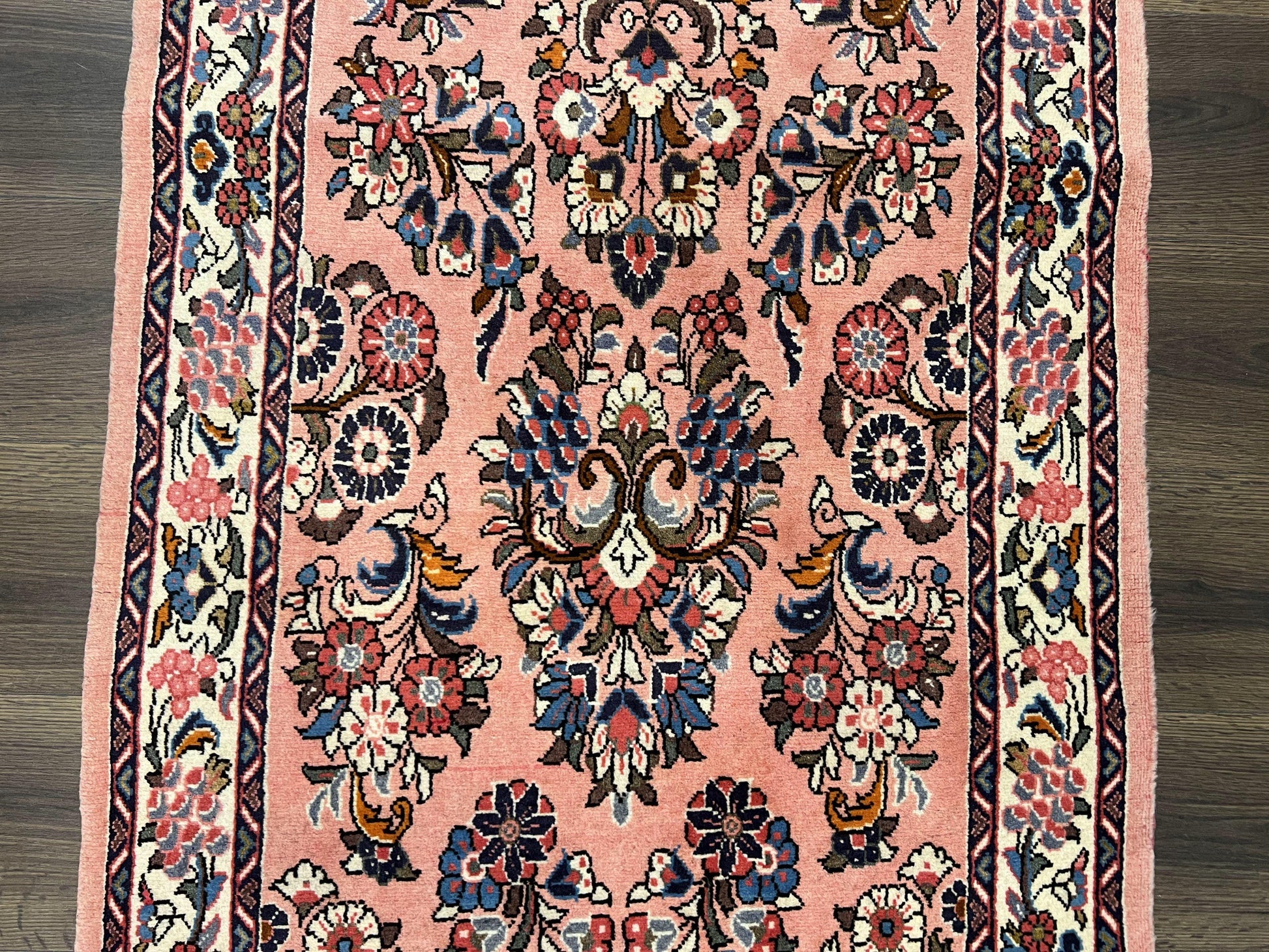 Persian Runner Rug 2.9 x 13.6, Semi Antique Vintage Persian Sarouk Hallway Rug, Wool Oriental Runner, Salmon and Cream, Floral Allover Hand Knotted - Nuvé