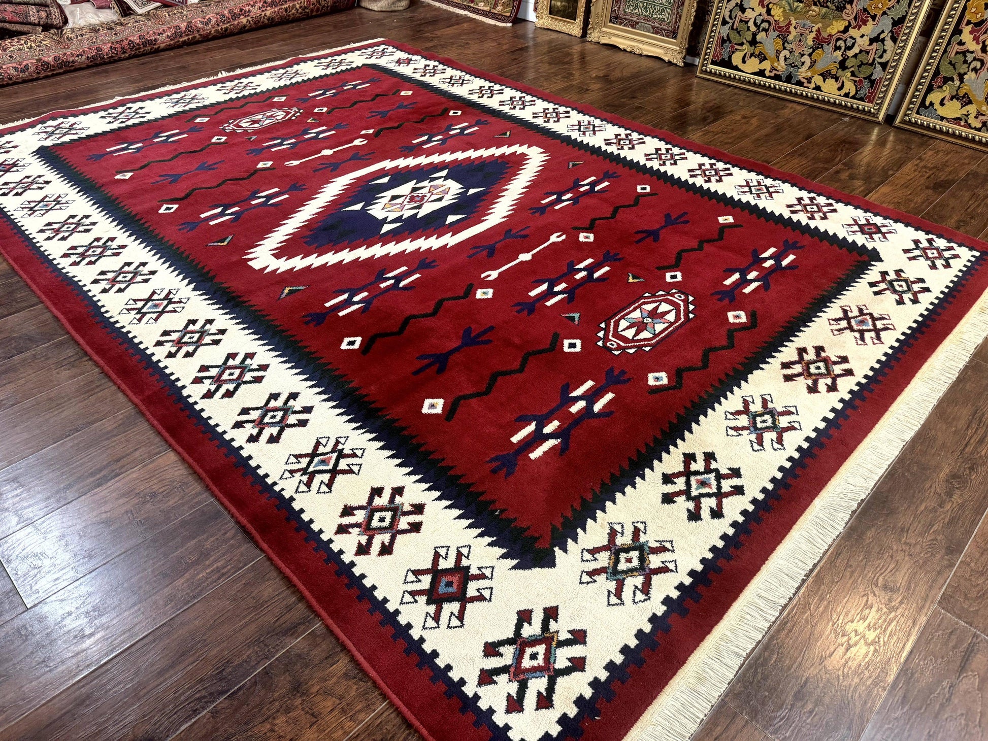 Belgium Power Loomed Rug 8x11, Navajo Native American Design, Dark Red and Ivory, Tribal Rug, Bohemian Carpet - Nuvé