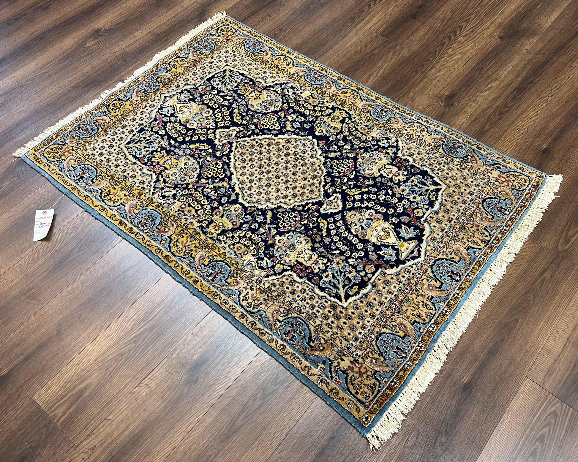 Fine Persian Qum Rug 3x5, Semi Antique Vintage Oriental Ghom Carpet, Floral Medallion, Highly Detailed, Hand Knotted, Navy Blue, Wool Area Rug, Birds - Nuvé