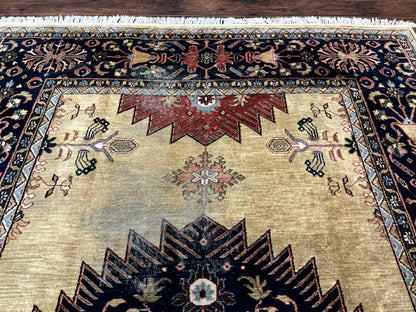 Indo Persian Heriz Rug 8x12, Camel Hair Tan and Navy Blue, Decorative - Nuvé