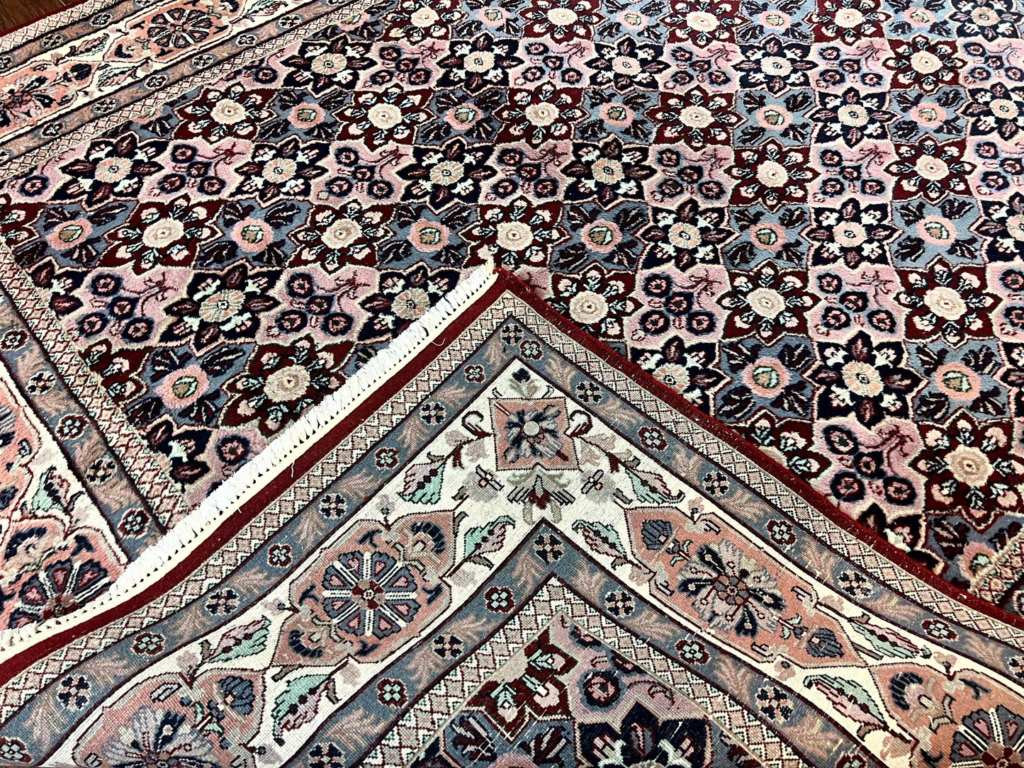 Indo Persian Rug 8x10, Repeated Allover Pattern, Navy Blue Ivory, Handmade Vintage Wool Carpet - Nuvé