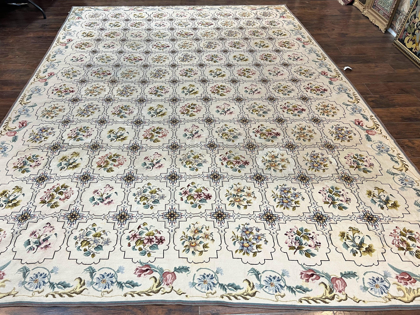 Needlepoint Rug 10x14, Wool Handmade Vintage Needlepoint Carpet, Floral Panel Design, Ivory/Cream - Nuvé
