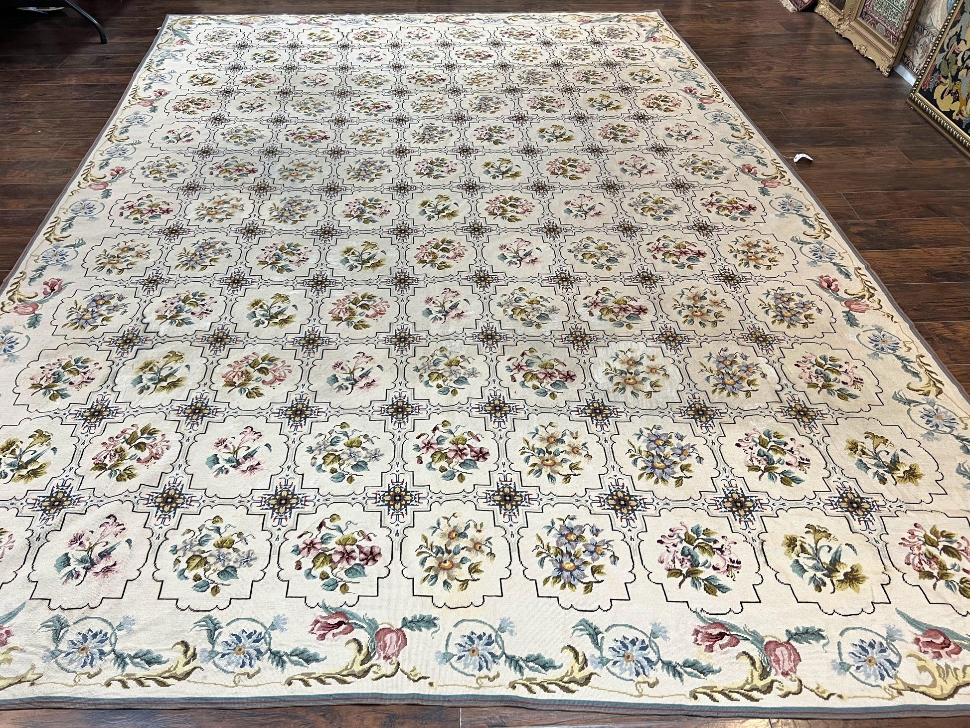 Needlepoint Rug 10x14, Wool Handmade Vintage Needlepoint Carpet, Floral Panel Design, Ivory/Cream - Nuvé