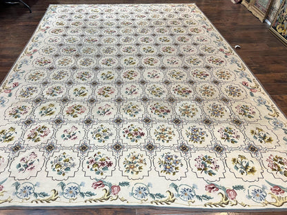 Needlepoint Rug 10x14, Wool Handmade Vintage Needlepoint Carpet, Floral Panel Design, Ivory/Cream - Nuvé