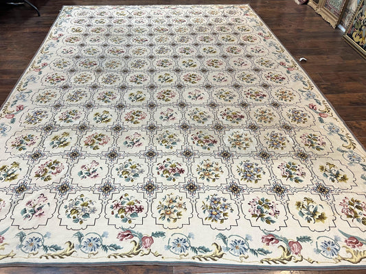 Needlepoint Rug 10x14, Wool Handmade Vintage Needlepoint Carpet, Floral Panel Design, Ivory/Cream - Nuvé