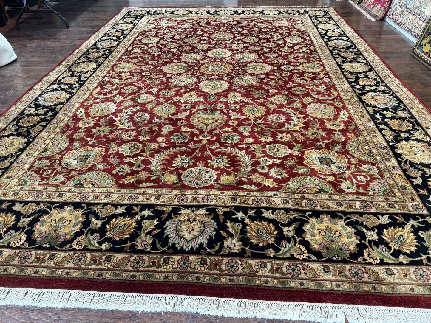Indian Agra Rug 10x14, Traditional Oriental Carpet, Room Sized Wool Area Rug, Floral, Maroon - Nuvé