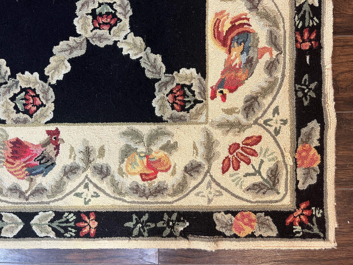 Hooked Rug 5x8, European Aubusson Pattern, Black and Ivory, Roses & Roosters, Vintage Wool Rug - Nuvé