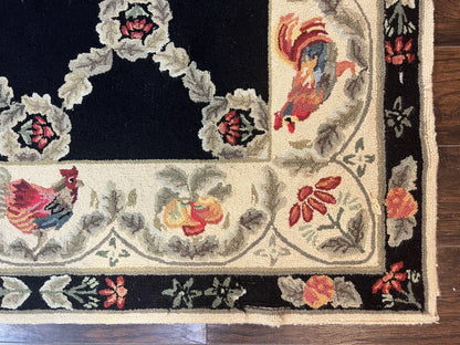 Hooked Rug 5x8, European Aubusson Pattern, Black and Ivory, Roses & Roosters, Vintage Wool Rug - Nuvé
