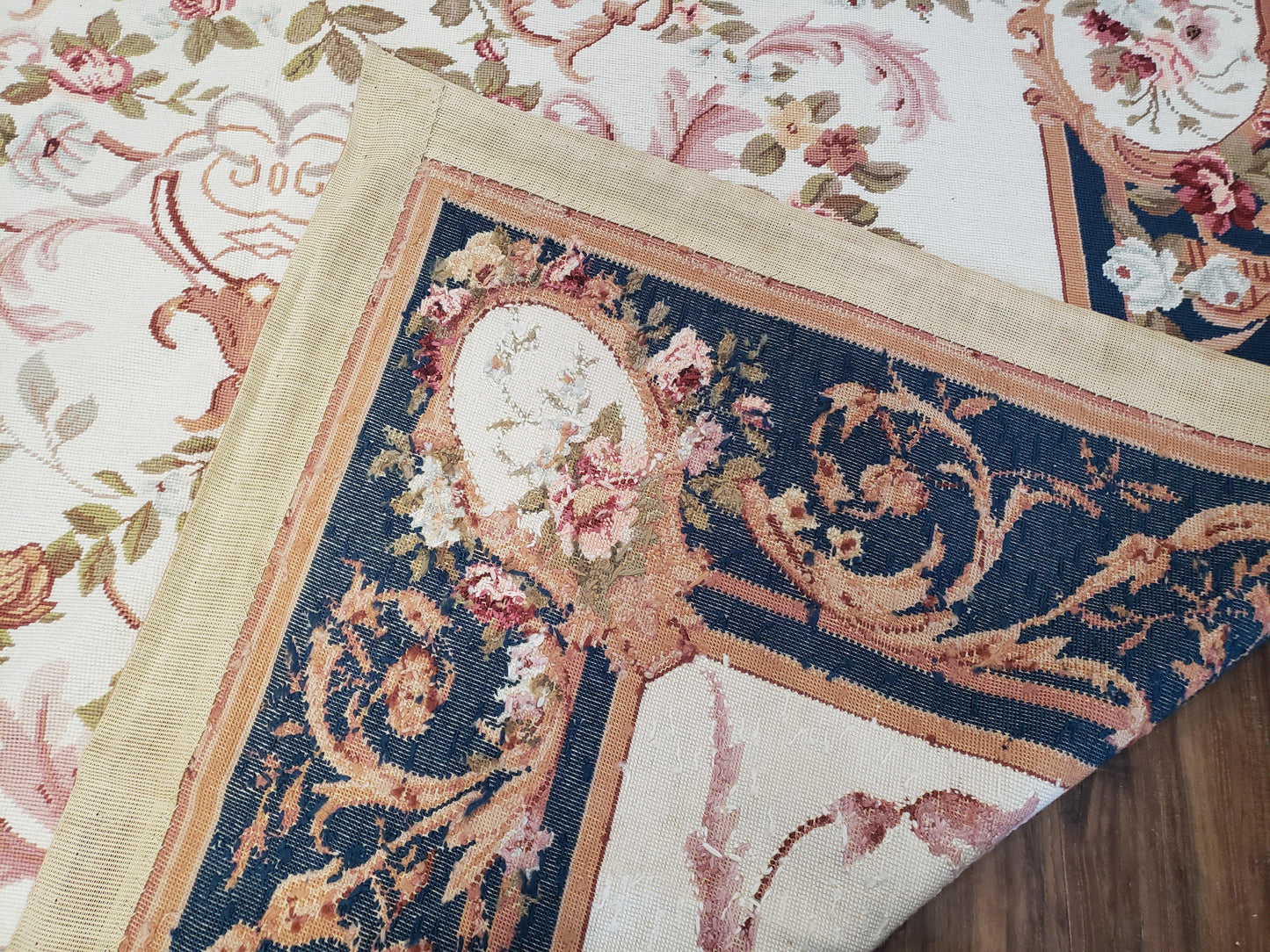 Chinese Aubusson Savonnerie Area Rug 6x8, Vintage Hand-Woven Needlepoint Rug, Flat Weave Handmade Wool Carpet Living Room Ivory & Navy Blue - Nuvé