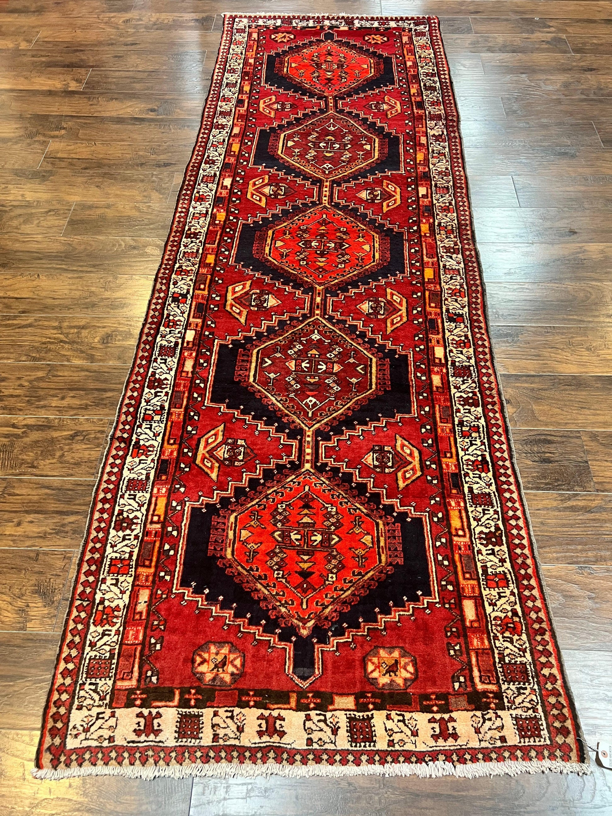 Persian Heriz Runner Rug 3.7 x 11, Persian Tribal Runner, Handmade Wool, Medallions, Geometric, Red, Antique Vintage Hand Knotted Rug - Nuvé