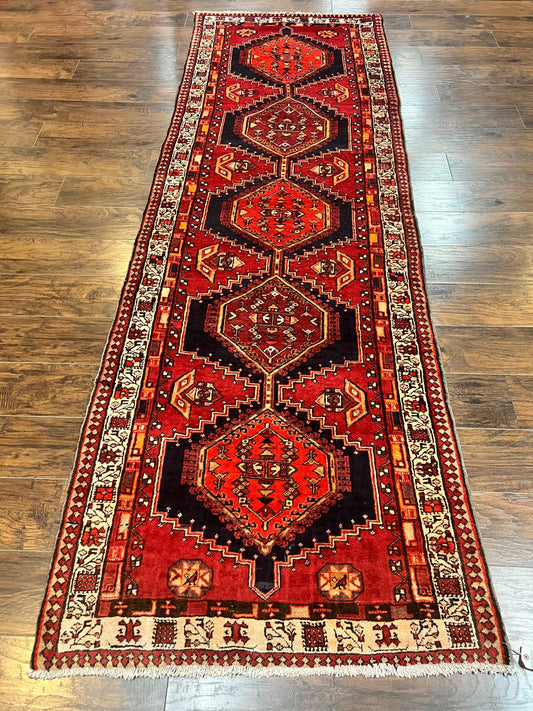 Persian Heriz Runner Rug 3.7 x 11, Persian Tribal Runner, Handmade Wool, Medallions, Geometric, Red, Antique Vintage Hand Knotted Rug - Nuvé