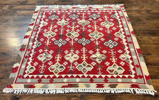 Indian Kilim Rug 6x6, Square Kilim Flatweave Carpet, Vintage Handmade Wool Rug, Red - Nuvé