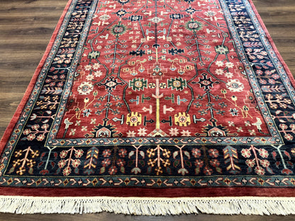 Indo Persian Heriz Serapi Rug 6x8, Rust Red and Navy Blue, Allover Pattern - Nuvé