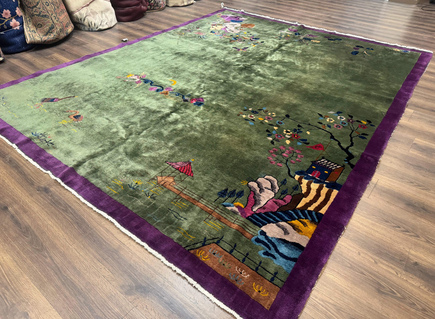 Antique Chinese Nichols Rug 9x12 - Rare Green and Purple Art Deco Carpet - Nuvé