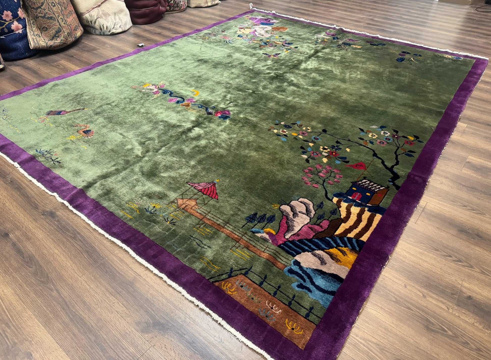 Antique Chinese Nichols Rug 9x12 - Rare Green and Purple Art Deco Carpet - Nuvé