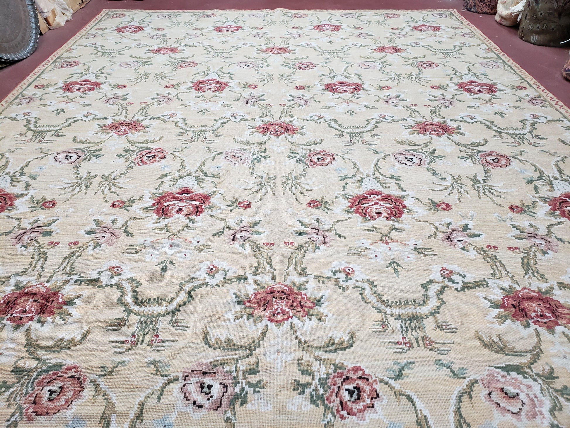 Needlepoint Rug 10x14 Wool Flatweave Carpet, English Floral Pattern, Pale Yellow, Roses, Allover Pattern, Handmade Large Needlepoint Nice - Nuvé
