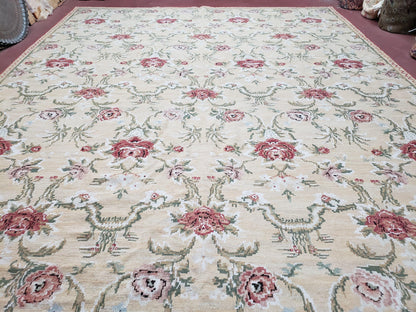 Needlepoint Rug 10x14 Wool Flatweave Carpet, English Floral Pattern, Pale Yellow, Roses, Allover Pattern, Handmade Large Needlepoint Nice - Nuvé