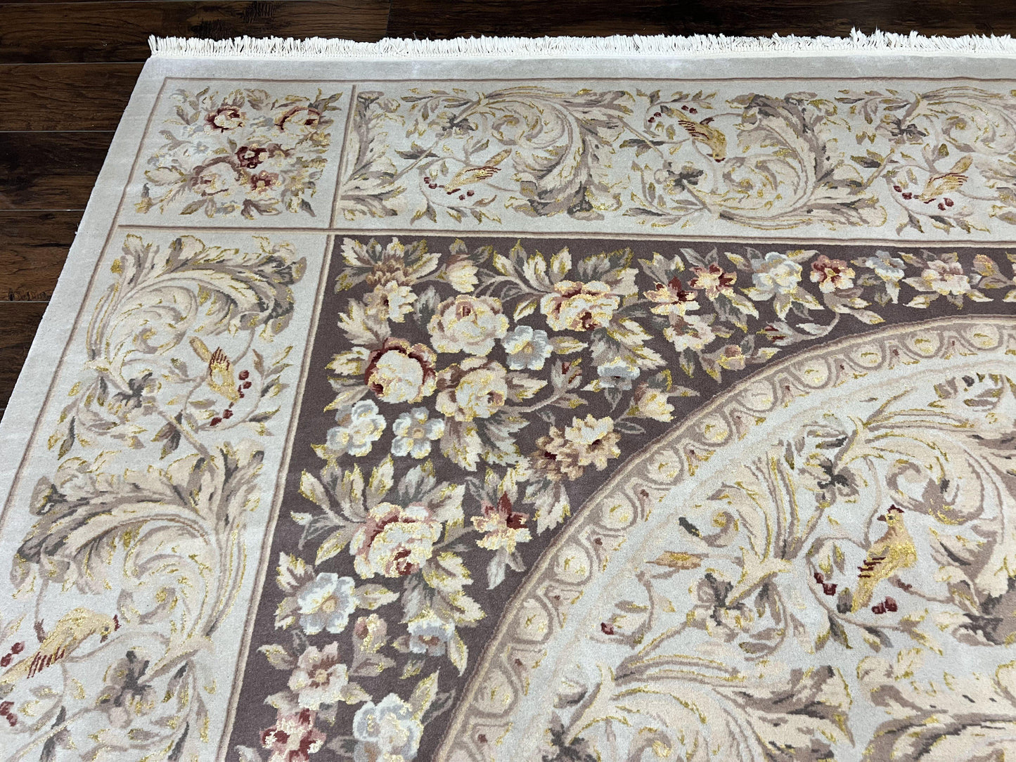 Aubusson Rug 10x14, Wool & Silk Highlights Hand Knotted Vintage Carpet, Birds Flowers, Fine Details, Elegant - Nuvé