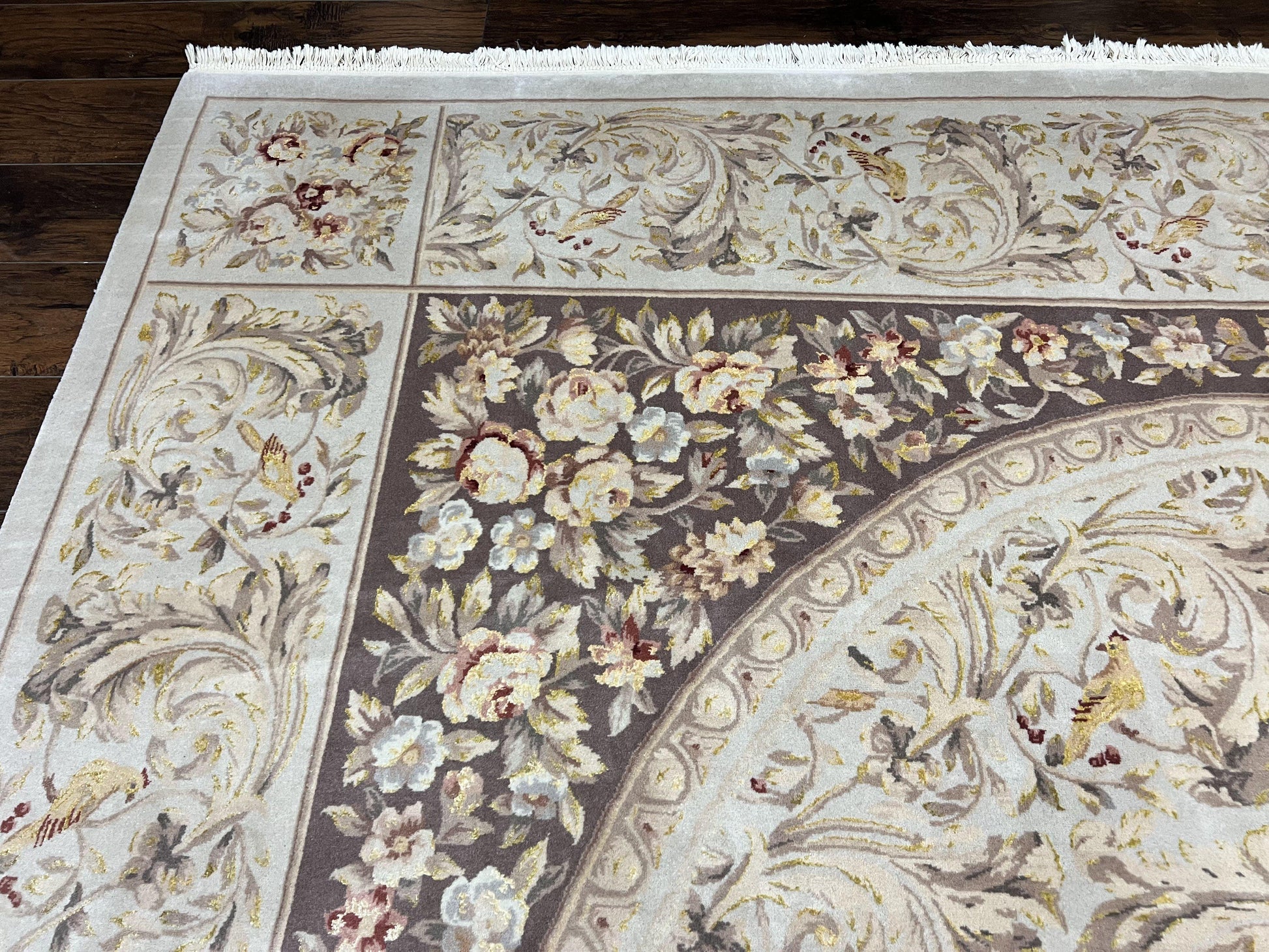 Aubusson Rug 10x14, Wool & Silk Highlights Hand Knotted Vintage Carpet, Birds Flowers, Fine Details, Elegant - Nuvé